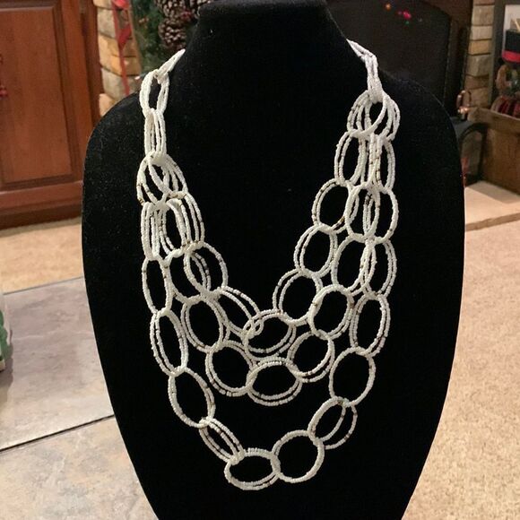 Anthropology Zenzii White & Gold layered Bib Beaded Statement Necklace 🤍‎ - Picture 1 of 5
